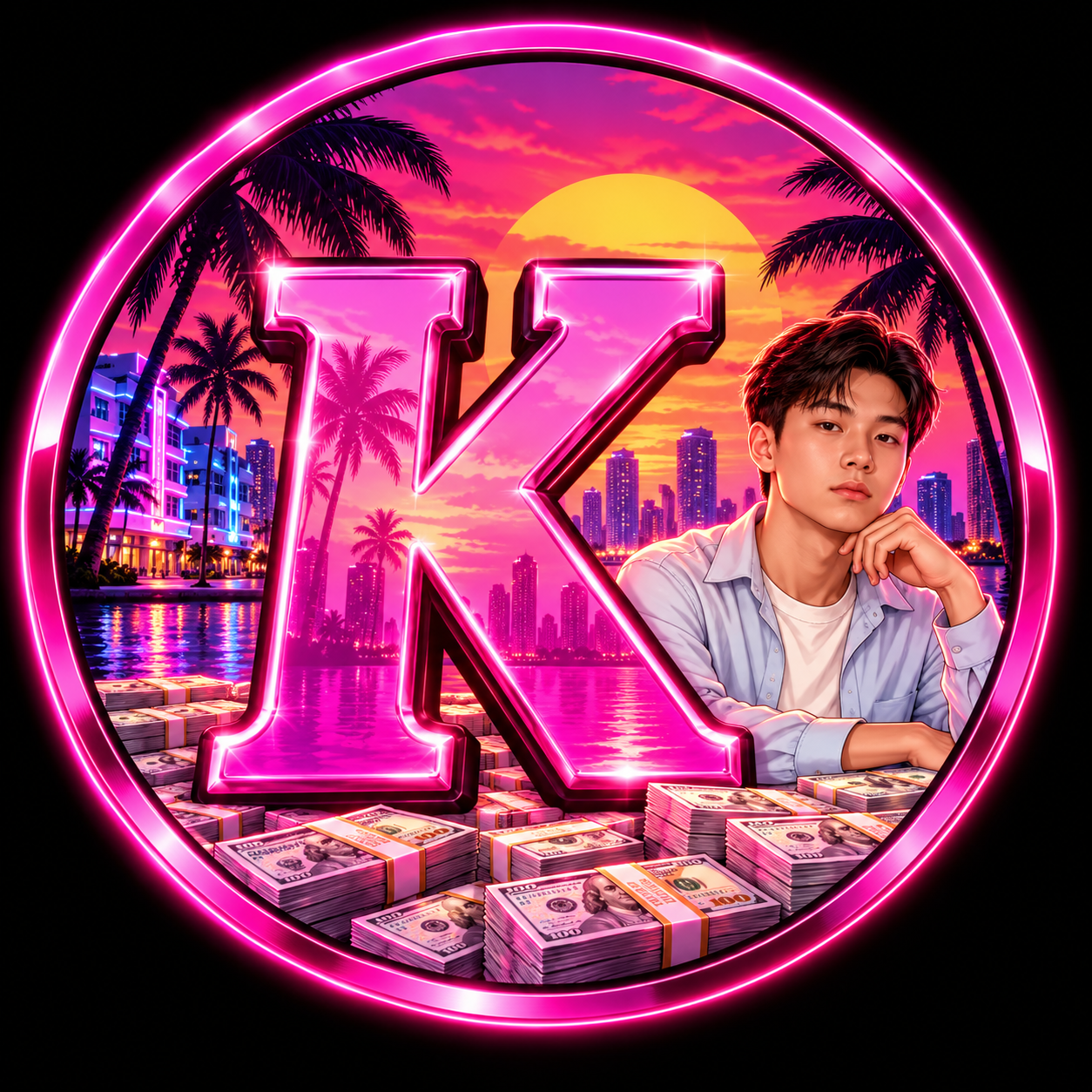 Neon K emblem with the KIMCHICITY character, Miami skyline, palms and cash